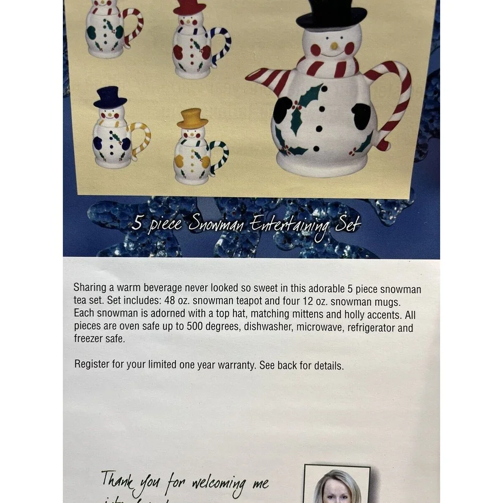 Temptations 5-Piece Snowman Entertaining Tea Set NIB. 48oz Teapot & 4 12oz Mugs